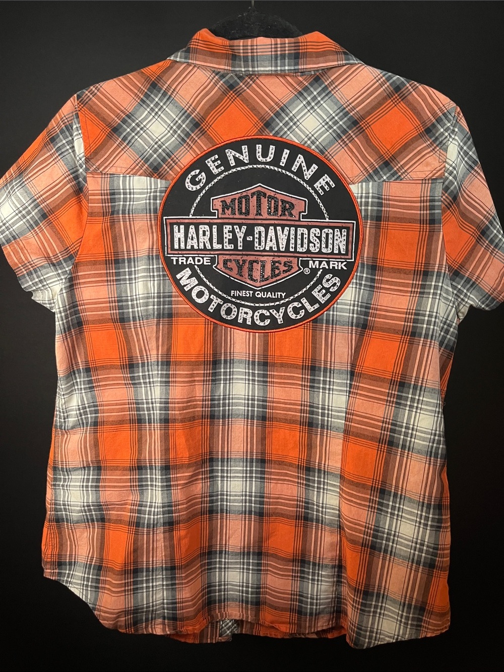 Harley-Davidson Orange and Gray Plaid Short-Sleeve Button-Down Shirt Size L - Picture 2 of 4